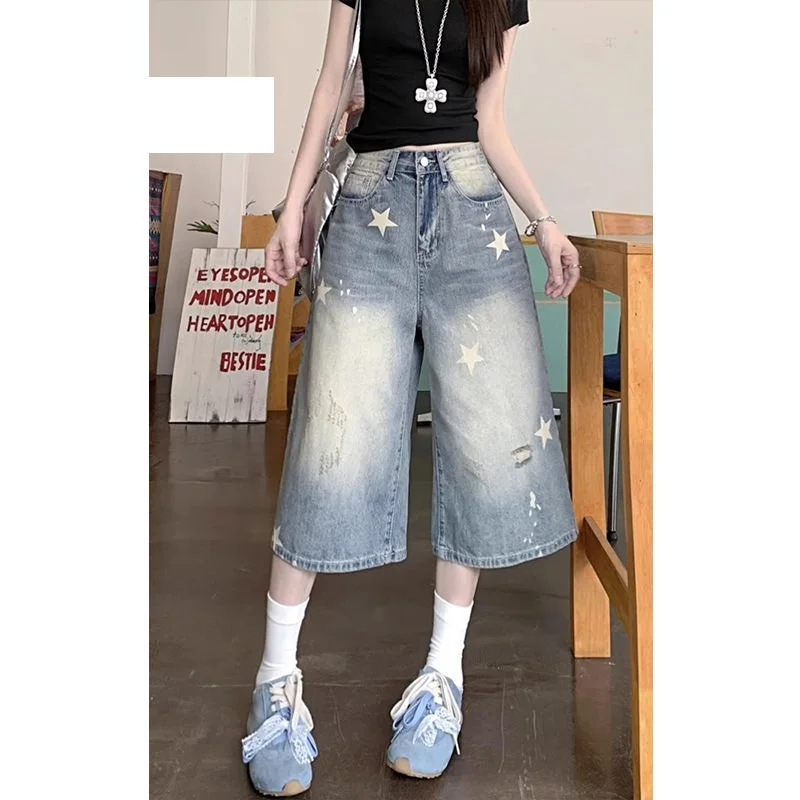 

Американские потертые потертые широкие джинсы семь четвертей для женщин 2025 пикантные девушки уличные утягивающие прямые брюки с высокой талией