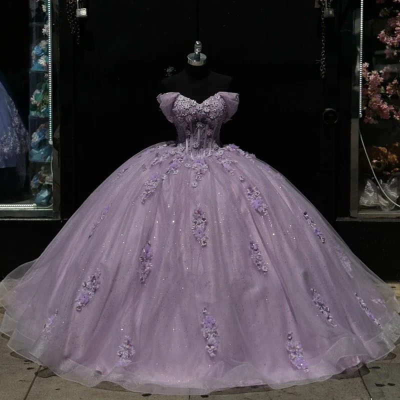 ANGELSBRIDEP Lilac Sparkly เม็กซิกัน Quinceanera ชุด Applique ลูกไม้ประดับด้วยลูกปัด Appliques ยาว Tull vestido 15 De Anos ที่กําหนดเอง