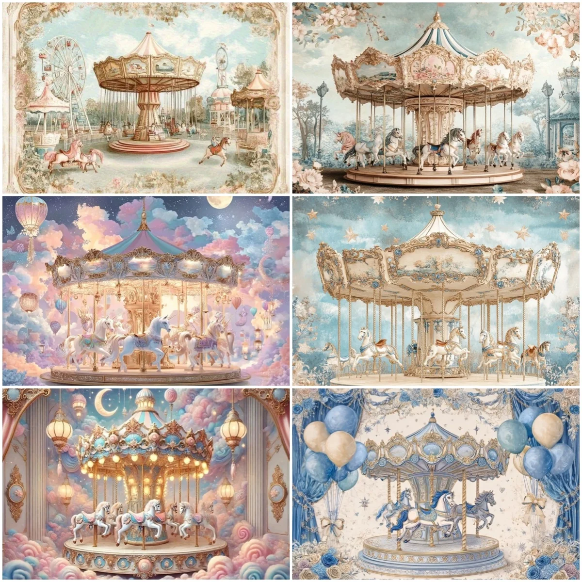 

Children's Day Carousel Theme Backdrop Balloon Floral Kids Gift Decorations Birthday Party Baby Shower Background Photo Studios