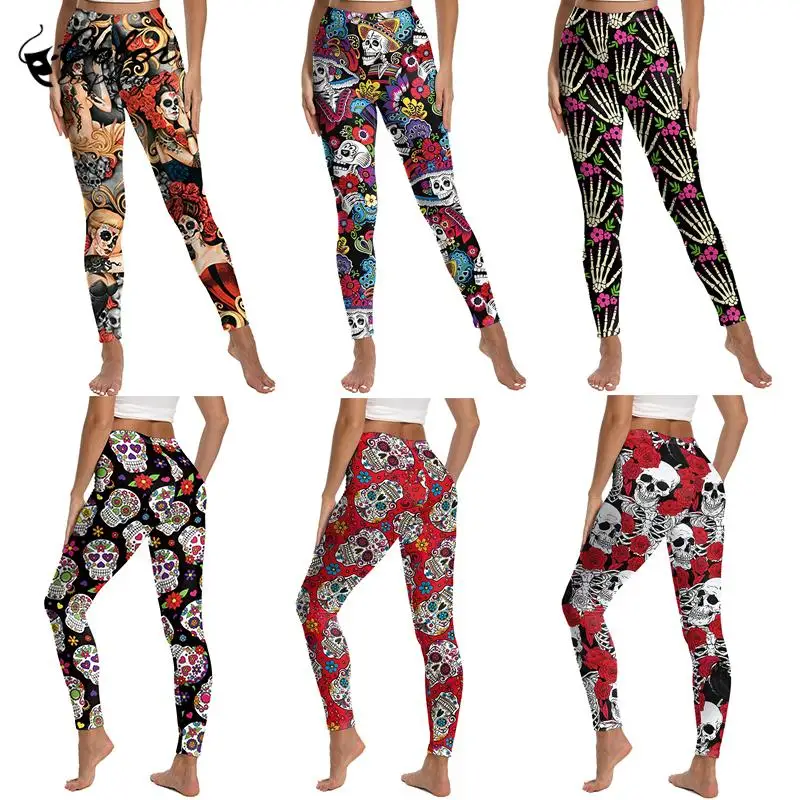 Mallas con patrón de calavera para mujer, pantalones ajustados elásticos para Halloween, Yoga, Festival, atuendo gótico, Color Cosplay