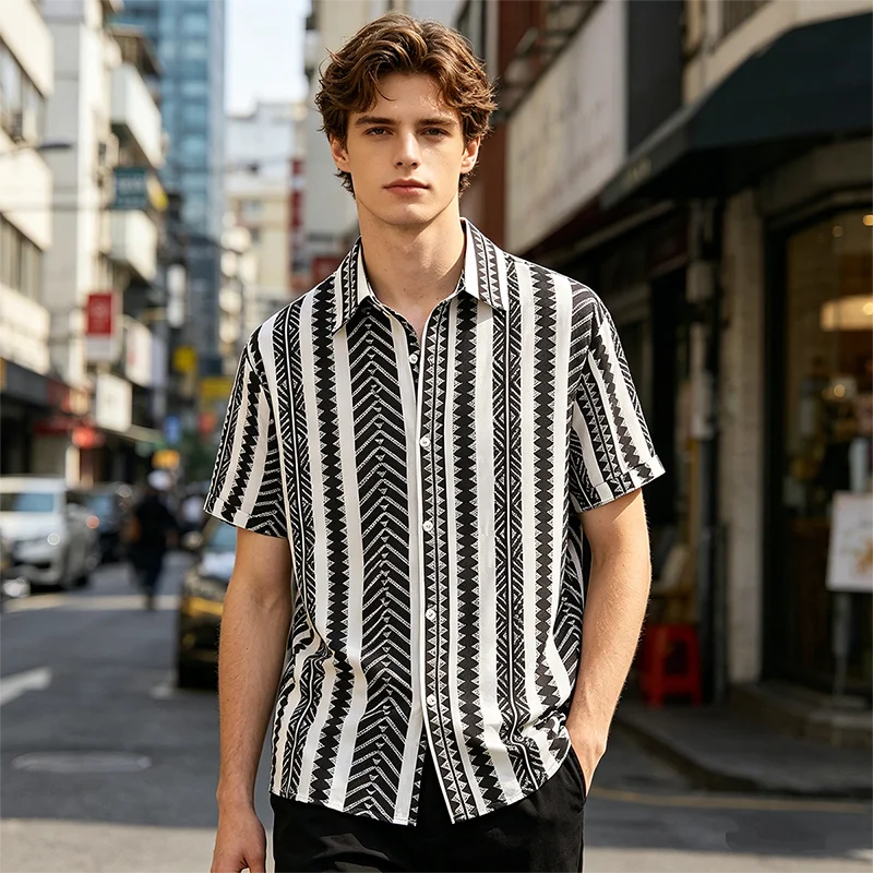 Retro Herren Geometrisch Gestreiftes Hemd Kurzarm Tribal-Print Knopfleiste Hawaii-Hemd Sommer-Oberteil Schwarz-Weiß Farbblock – Detail 3