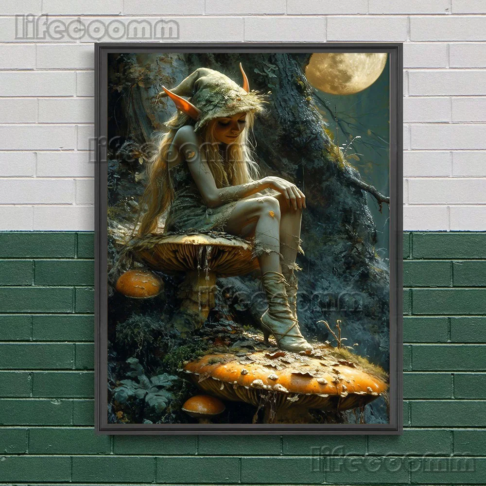 Cute Mushroom Goblin Wall Art Dark Fairy Canvas Painting Midnight Fairy Forest And Witchy Moon Art Poster Print Home Decoration