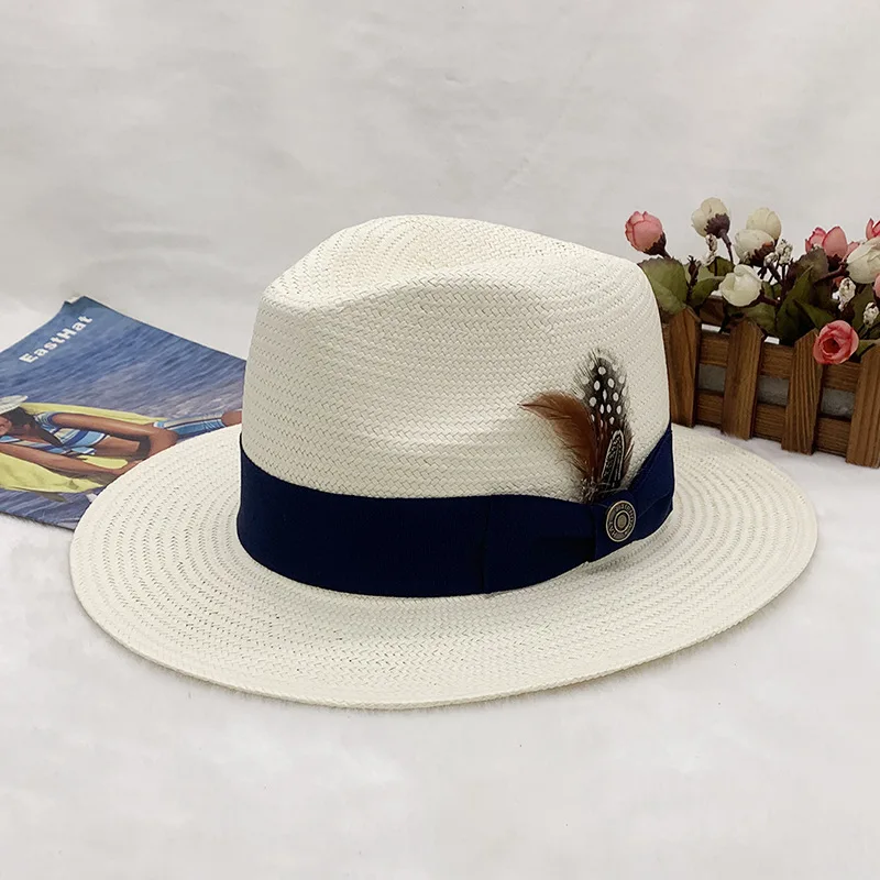 

High-end Panama Straw Hat Hot Sale Striped Bow Flat Side Jazz Straw Hat Fine Hand Knitting