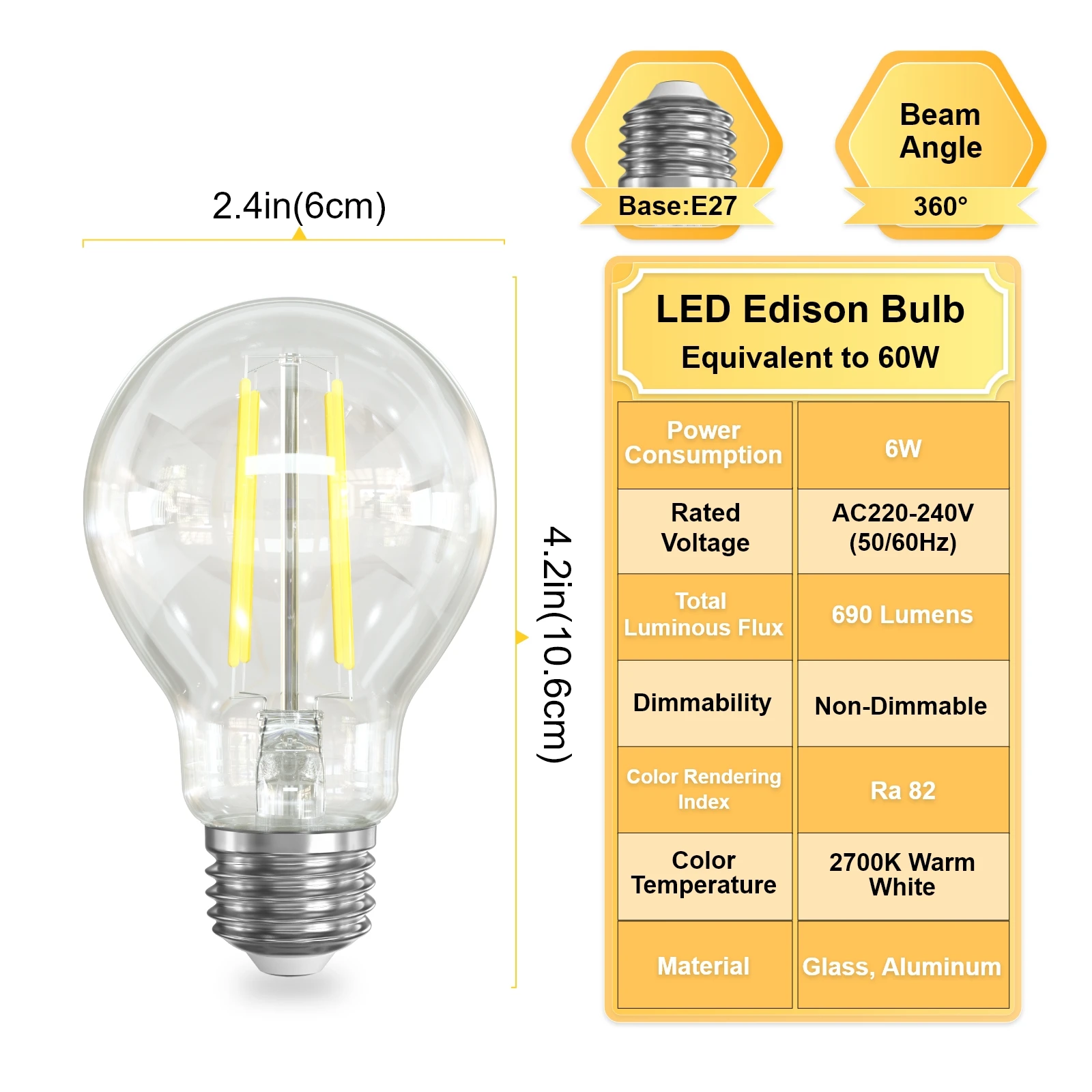 6pcs LED Edison Light Bulb 220V 60 Watt Equivalent E27 Vintage Clear Light Bulbs 6W 2700K Warm White 700 LM A60 LED Filament