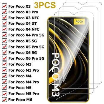 Poco X3 GT X4 için 3 adet koruyucu cam NFC X5 X6 Pro 5G ekran koruyucu için Xiaomi Poco M3 M4 M5 M6 M6 Pro cam filmi