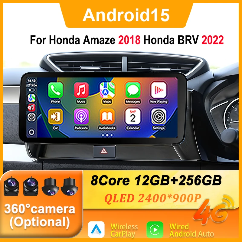 For Honda Amaze 2018 Honda BRV 2022 12.3 Inch Android 15 QLED Screen Multimedia Video Player Car Radio GPS Navigation Carplay