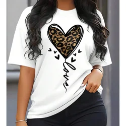 Leopard Love Heart Print Women's T Shirt Street Fashion Short Sleeve White T-Shirt Plus Size Tops Casual Round Neck Tee Tops