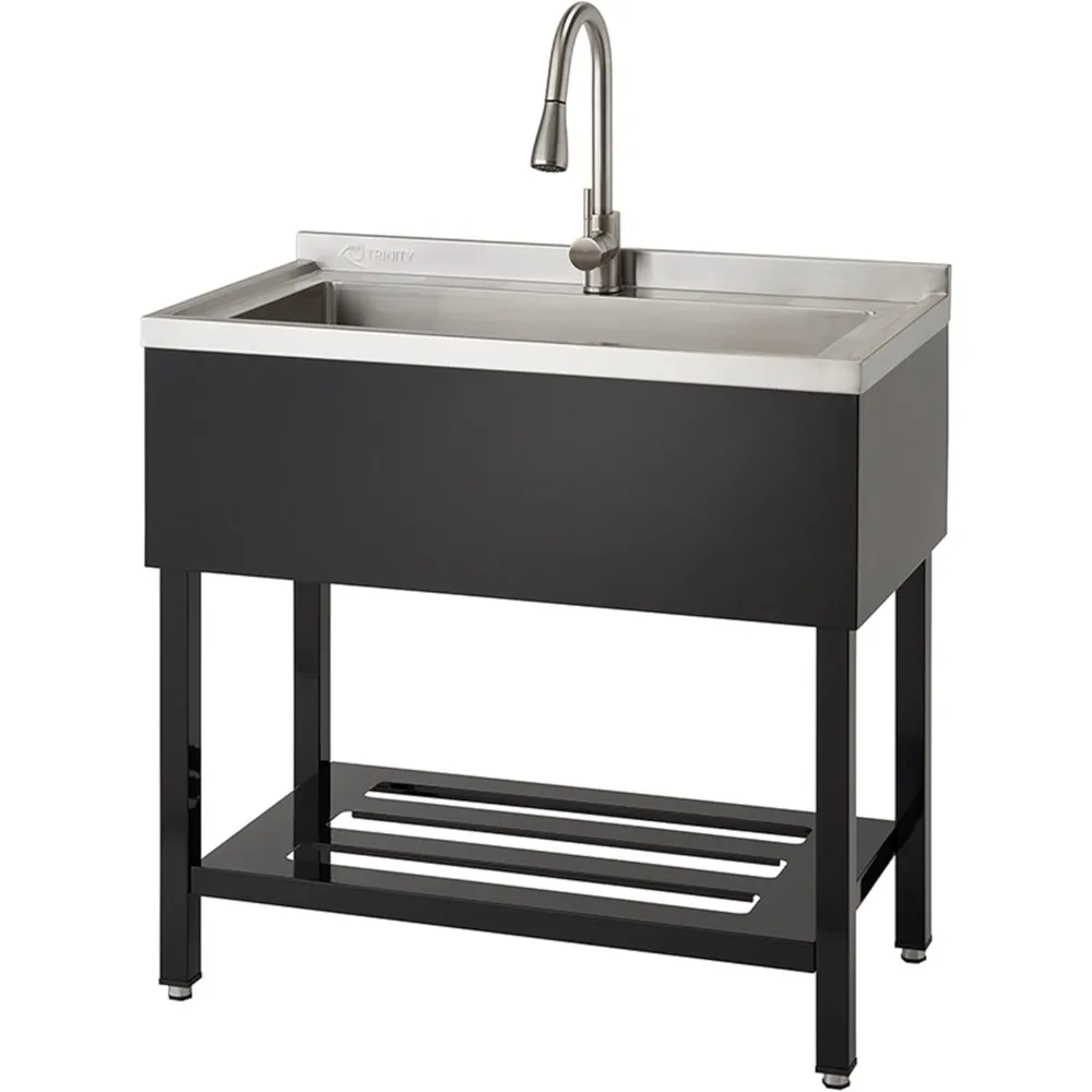 Stainless Steel Freestanding Single Bowl Utility Sink for Garage, Laundry Room, and Commercial Use, Includes Pull-Out Faucet NSF