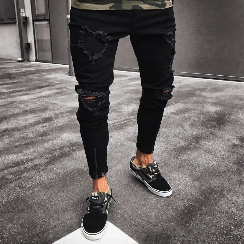 Mens Jeans New Black Ripped Stretch Zipper Trend Trousers for Men