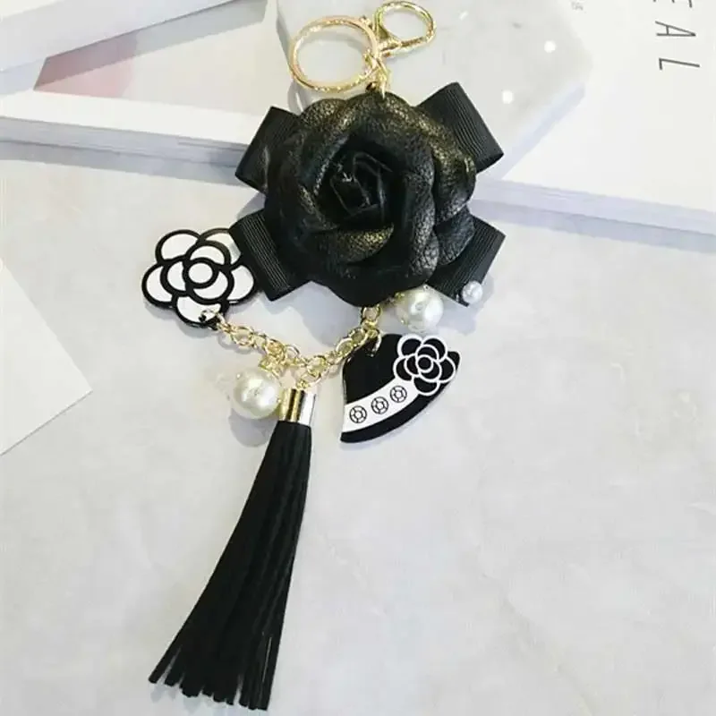 Korean Trendy Leather Bag Camellia Keychain Long Tassel Car Hanger Flower Key Chain Element Jewelry Hanger