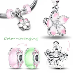 925 Silver Pink Flower Cherry Blossom Dangle Charms Beads Fit Charming Bracelet Bead for Women Jewelry Gift
