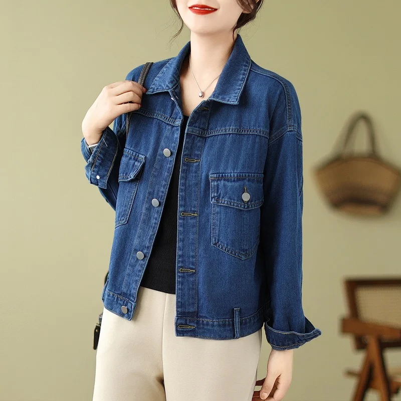 YQZ-88119-1#Real Shot Spot Denim Jacket Women's Korean Workwear Design Sense Jacket Student Denim Jacket Wholesale Blue Black