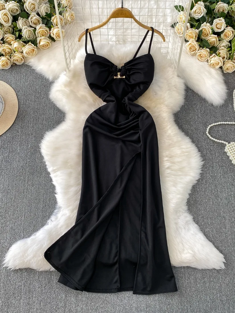 Foamlina Vestido largo de satén con abertura para mujer, vestido veraniego con tiras para mujer, fiesta de vacaciones, elegante, Sexy, con cuello en V, sin espalda, blanco acolchado