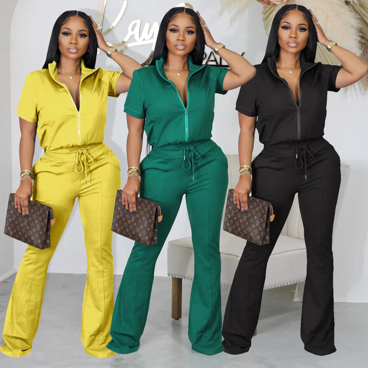 

New Women's Two Piece Set Solid Color Short Sleeve Pocket Zipper Top Two Piece Set Casual Fashion Sports Pants Set