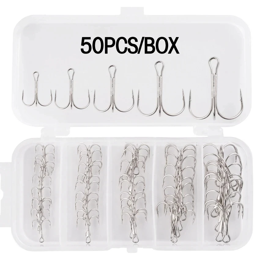 50pcs/box Treble Fishing Hook Fishing Hook High Carbon Steel Treble Overturned Hooks Fishing Tackle Round Bend Treble For Bass