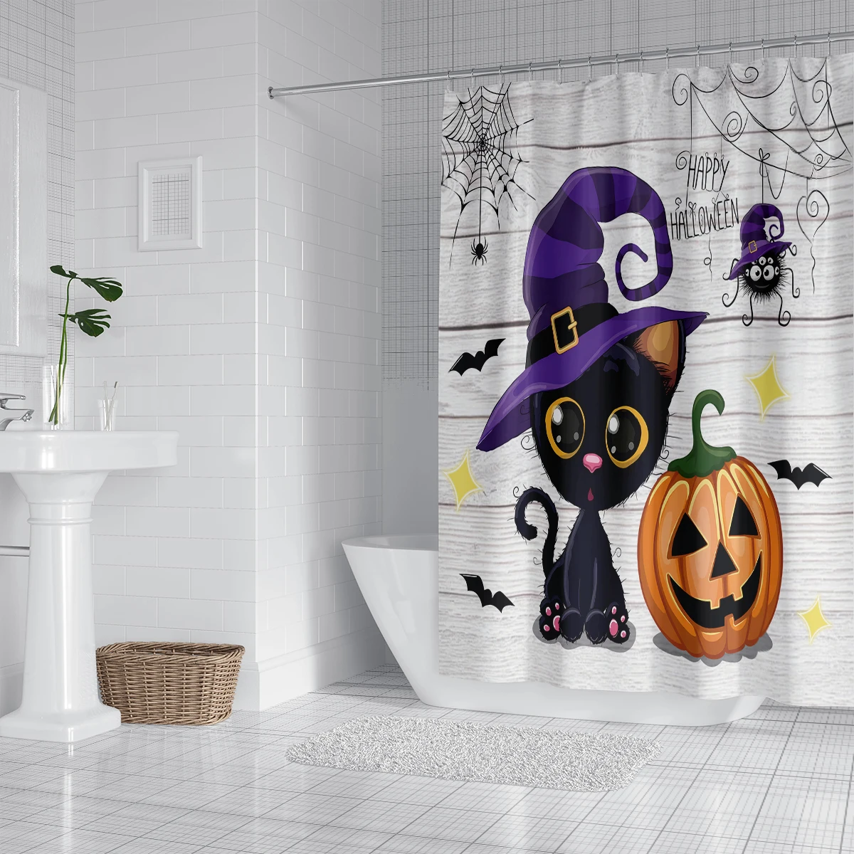 1PC Halloween Element Pattern Waterproof Shower Curtain with 12 Hooks 71x71 In Bathroom Decor for Hotel and Home