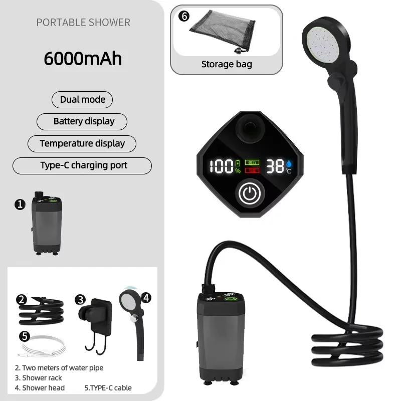 Portable Shower for Camping 6000mAh Rechargeable Camping Shower with Shower Head Intelligent LED Display Electric Shower Pump image 5