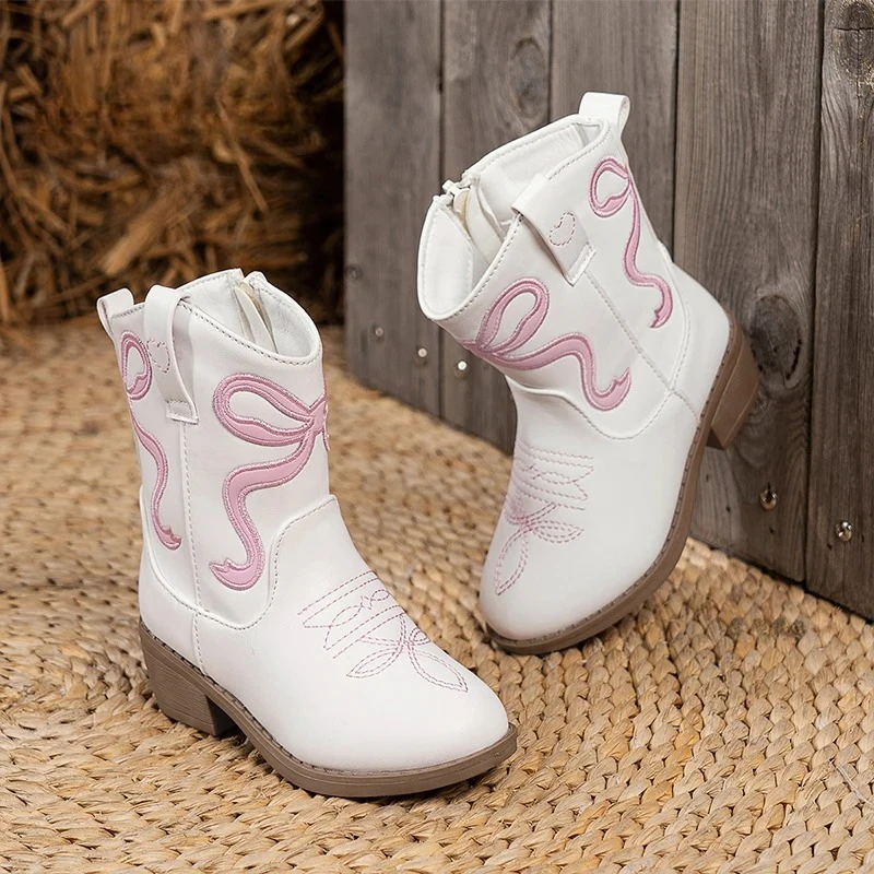 White Pink Butterfly Knot Embroidery Western Boots Kid Girl Leather Mid-Calf Booties Child Round Toe Heeled Zipper Cowboy Botas