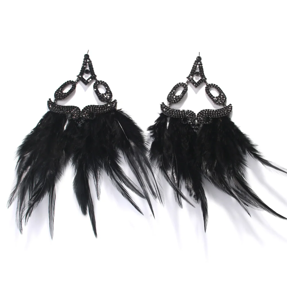 Stonefans Boho Black Feather Earrings Dangle Belly Dance Women 2024 Indian Bridal Exaggerate Rhinestone Earrings Prom Jewelry