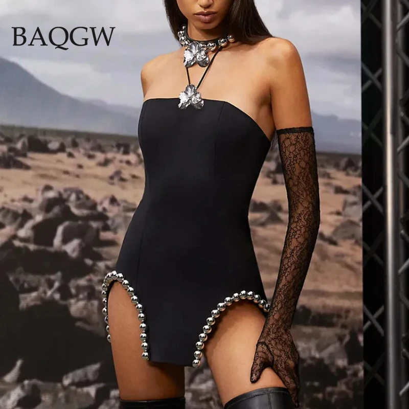 

Beading Patchwork Sexy Strapless Balck Irregular Mini Dress Women Chic Rivet Design Bodycon Luxury Bandage Party Evening Dress