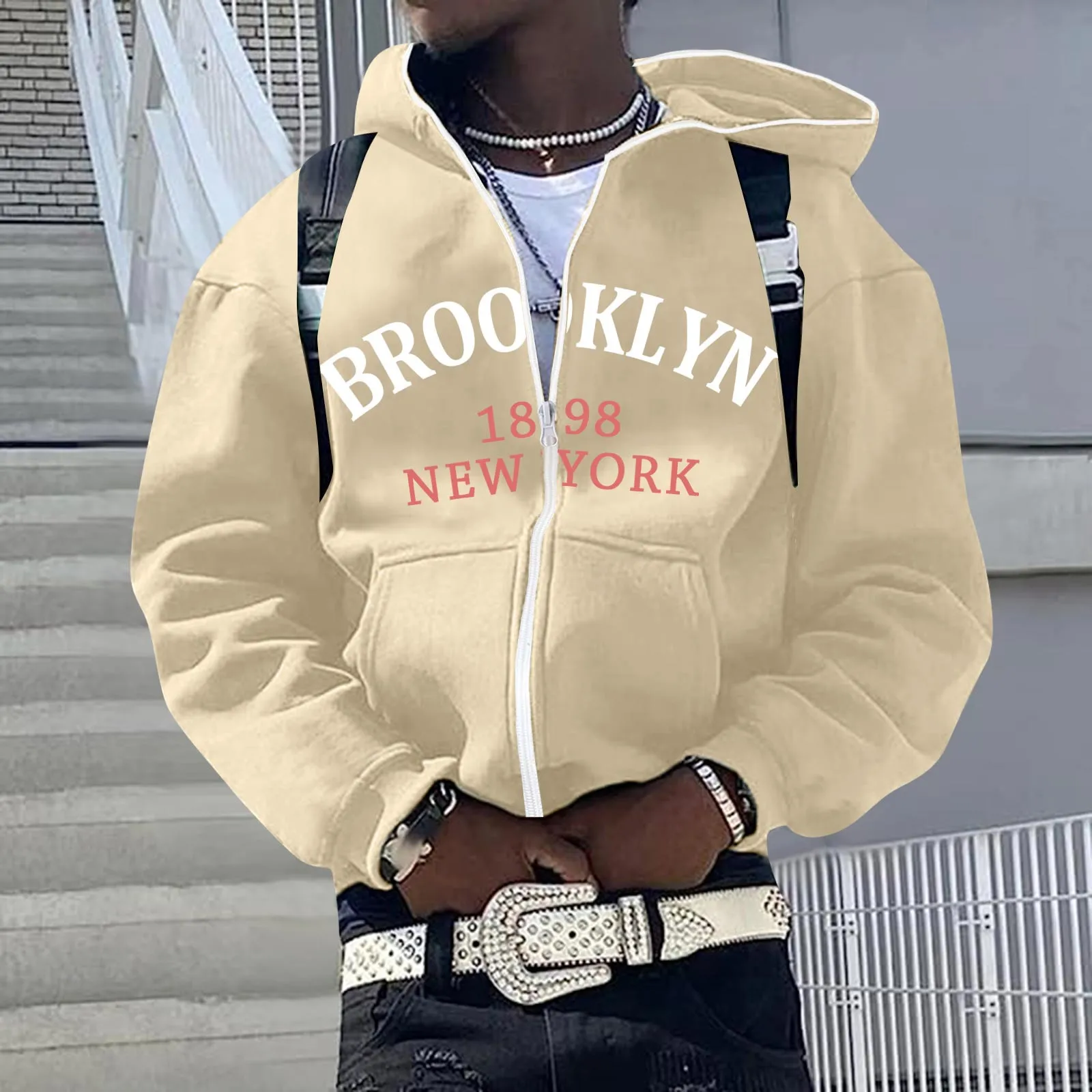 Men Hip Hop Hoodie Autumn Winter New York Printed Zipper-Up Hooded Pocket Long Sleeve Tops Sweatshirts Loose Vintage Tracksuits