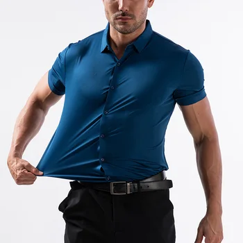 Men's Short Sleeve Dress Shirt 5 High Quality Summer Business Shirts For Men Short Sleeve Button Wrinkle Free Elasticity Social Black Office Dress Shirts US Size 5