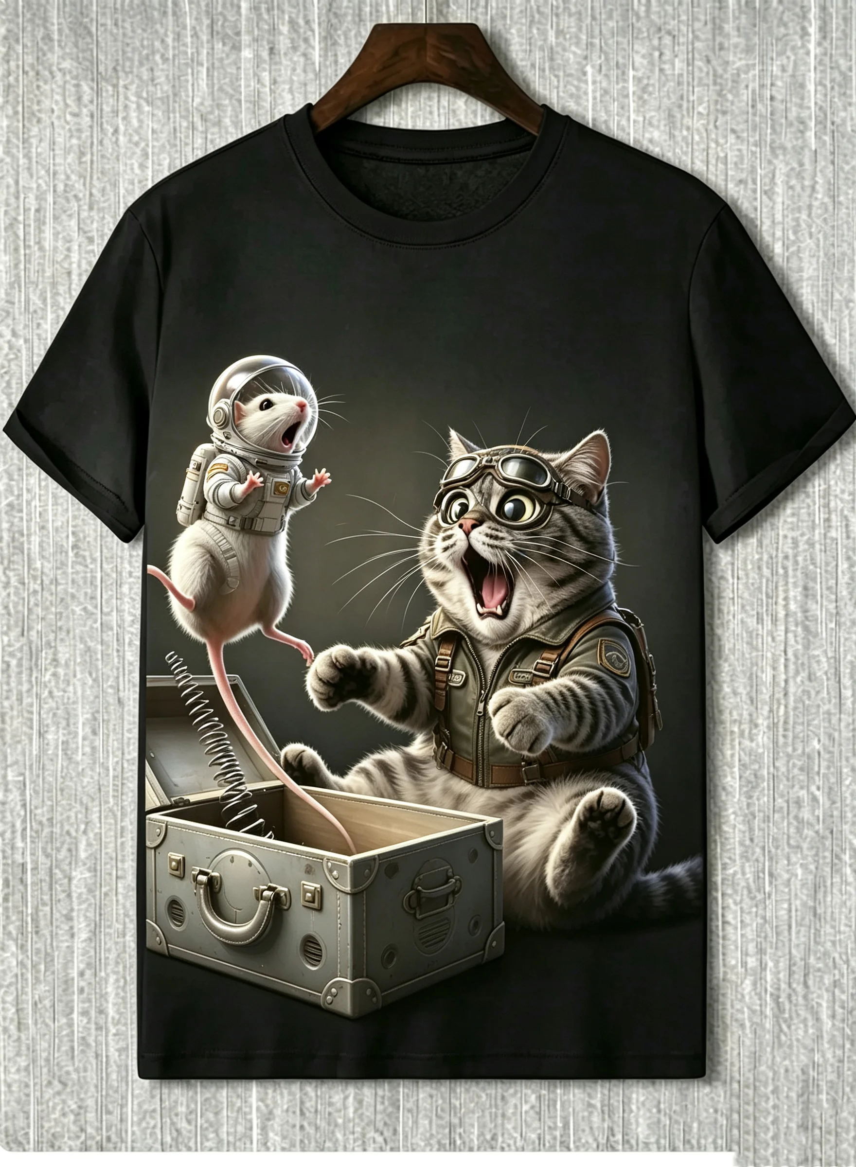 Novelty 3D Funny Mouse Scares Cat Print Men's T-shirt Casual Party Personality T shirt Fashion Short Sleeve Tops Summer Clothing