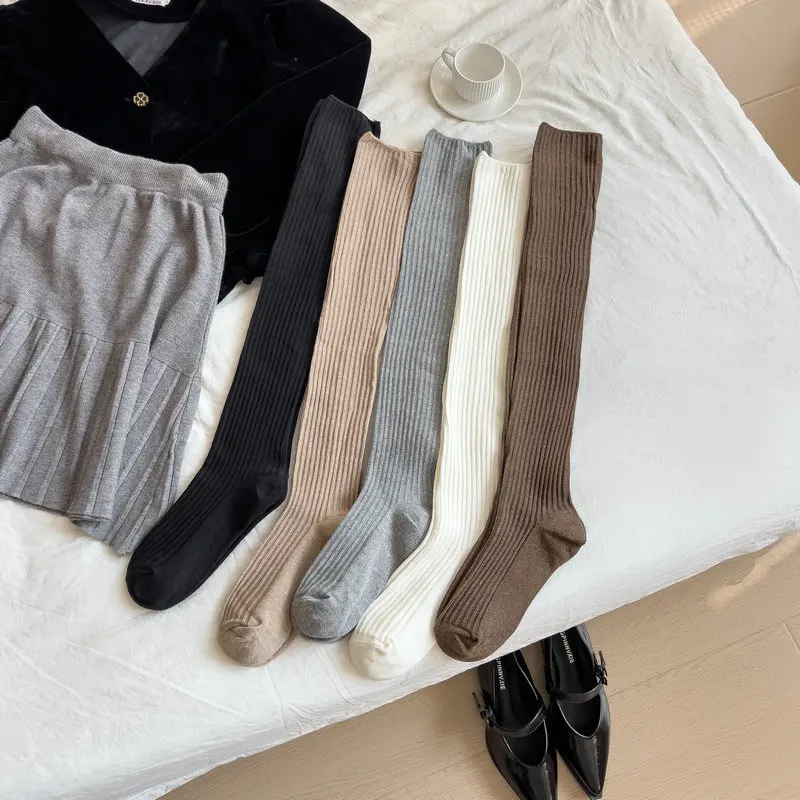 Women's Solid Color Socks Three-dimensional Pit Stripe Socks Versatile Boots Socks Simple College Style Breathable Over The Knee