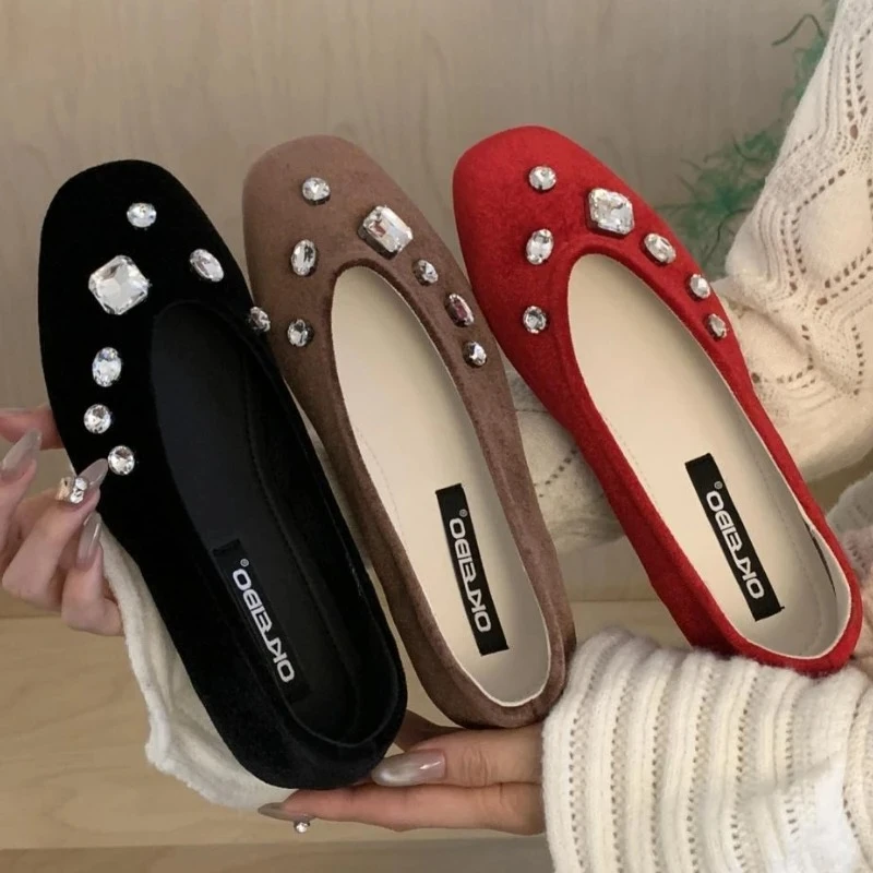 

Glitter Rhinestone Decoration Ballet Flats for Women Elegant Square Toe Shallow Mary Jane Shoes Comfortable Velvet Flat Loafers