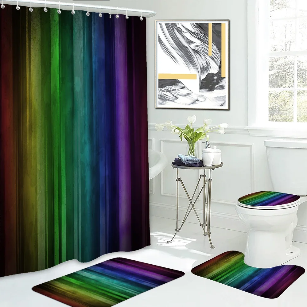 4-piece set of blue purple striped printed waterproof shower curtains with 12 hooks and bathroom floor mats