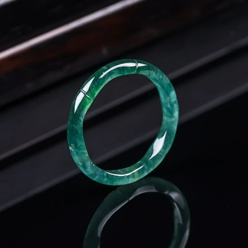 Natural A-grade Jadeite Blue Water Bamboo Ring Three-dimensional Carved Women's Style Fashionable Personality Simple Party Gift