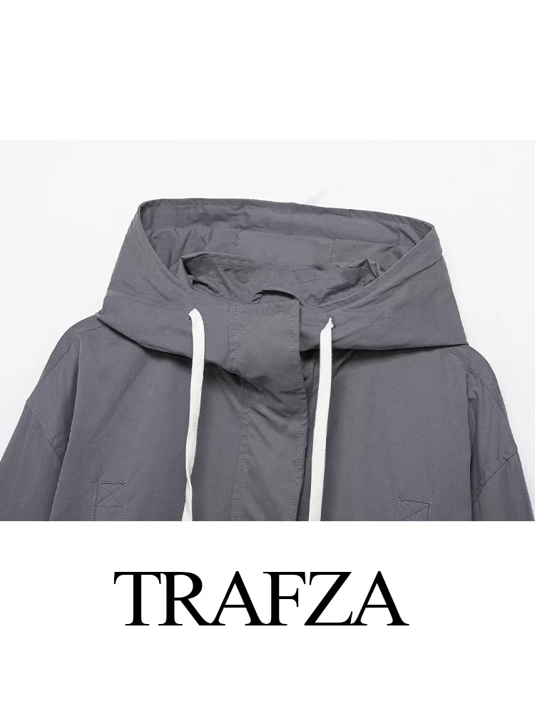 

TRAFZA Women Elegant Zipper Long Sleeve Solid Hooded Jacket+Loose Drawstring Elastic Waist Pocket Work Culottes Shorts Suit