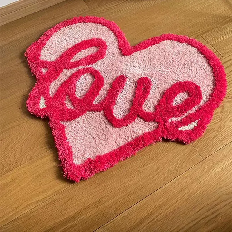 Pink Tufted Rug Heart Letter Rugs Living Area Bedroom Floor Non-Slip Mat Kids Room Home Decor Love Carpet