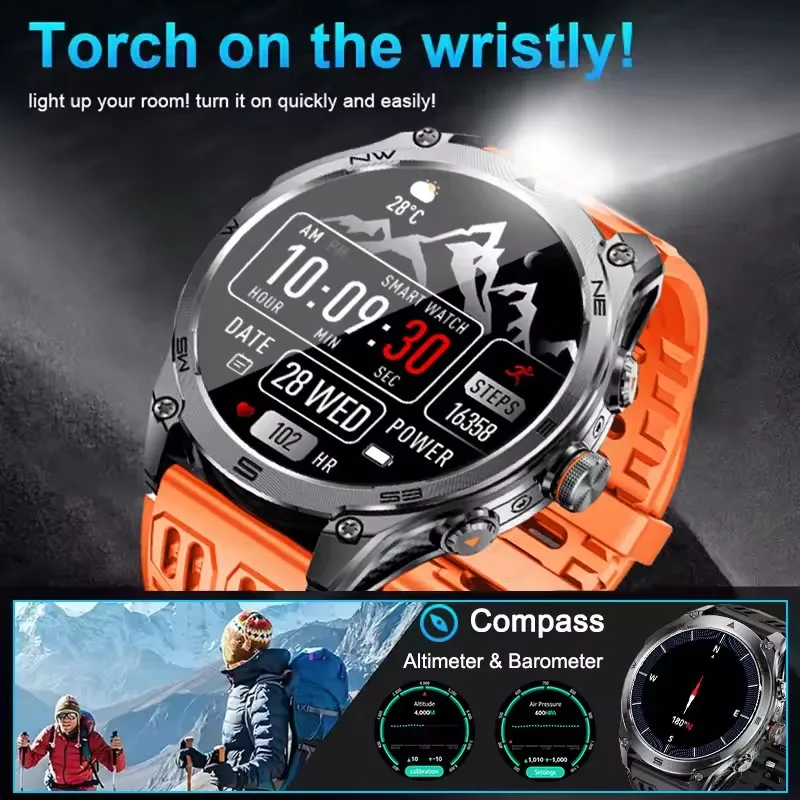2025 New Military GPS Smart Watch 1000Mah Battery Compass 10ATM Waterproof Outdoor Sport Flashlight BT Call Smart Watch For Men