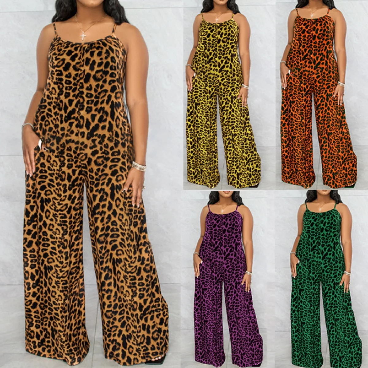 Ladies Bib Pant Suspender Trouser Loose Casual Female Women Leopard One-Piece Wide-Leg Romper Overalls Jumpsuit Streetwear