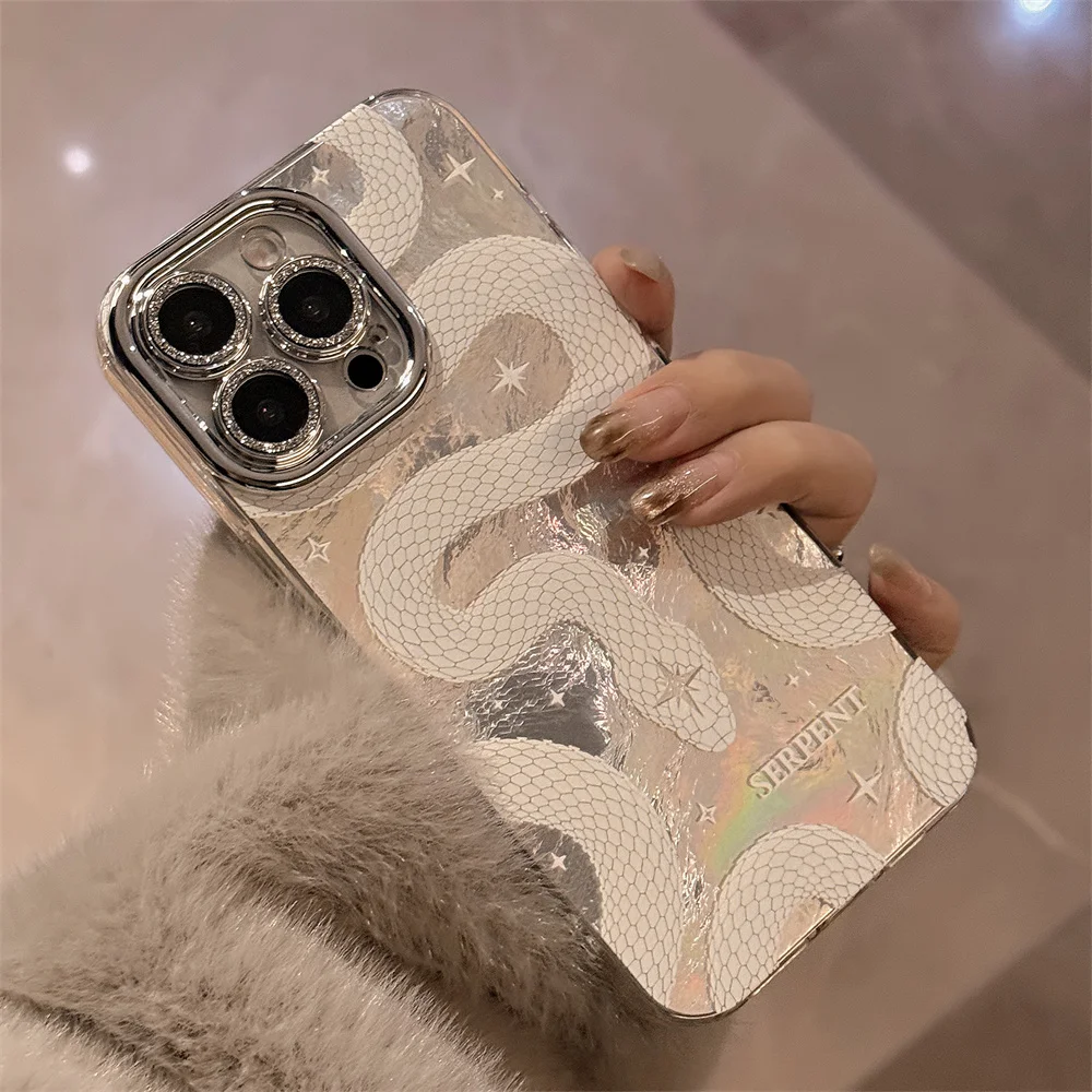 Luxury Stylish Glitter Cartoon Snake Plating Case for iPhone 16 15 14 13 Pro Max Plus 11 12 X Xr Xs Bling Camera Shockpoof Cover