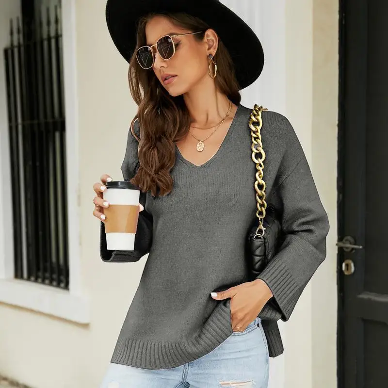 

2024 New Women's Long Sve V-Ne Knitwear Casual Loose Sle Comfortable Fit Overhead Polyester Fiber Autumn Season Faion
