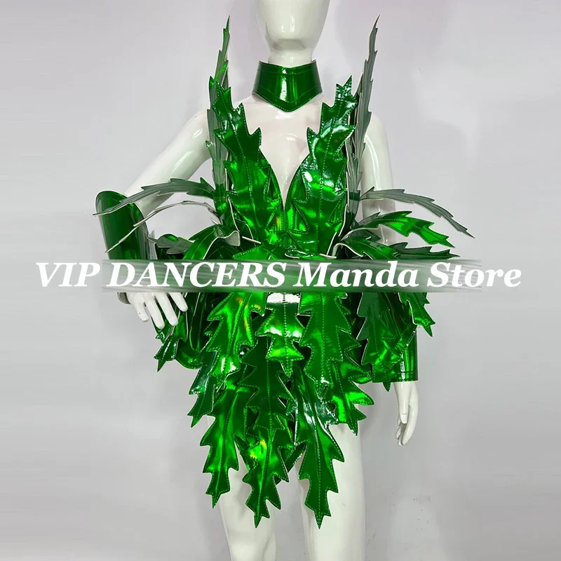 

Exaggerated Green Laser Leaf Stage Costume Carnival Rave Outfit Nightclub Dancer Performance Clothes Drag Queen Clothing VDB6264