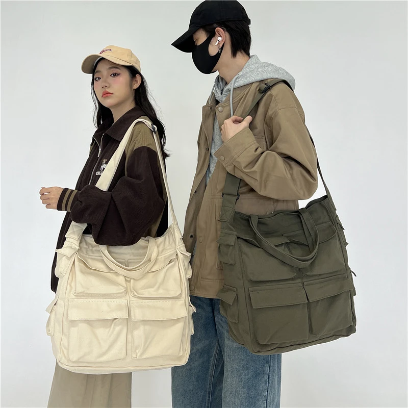 Large Capacity Canvas Shoulder Bags Unisex 100% Cotton Handbags A Work Bag With Many Bags 2023 New Casual Totes For Women