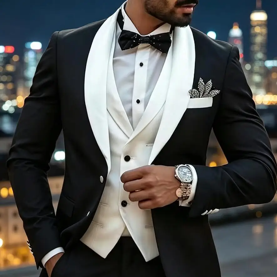 Novo Terno Clássico Masculino Preto de 3 Peças: Jaqueta Slim Fit com Lapela Xale, Calça e Colete - Roupa Masculina para Casamento e Eventos Formais