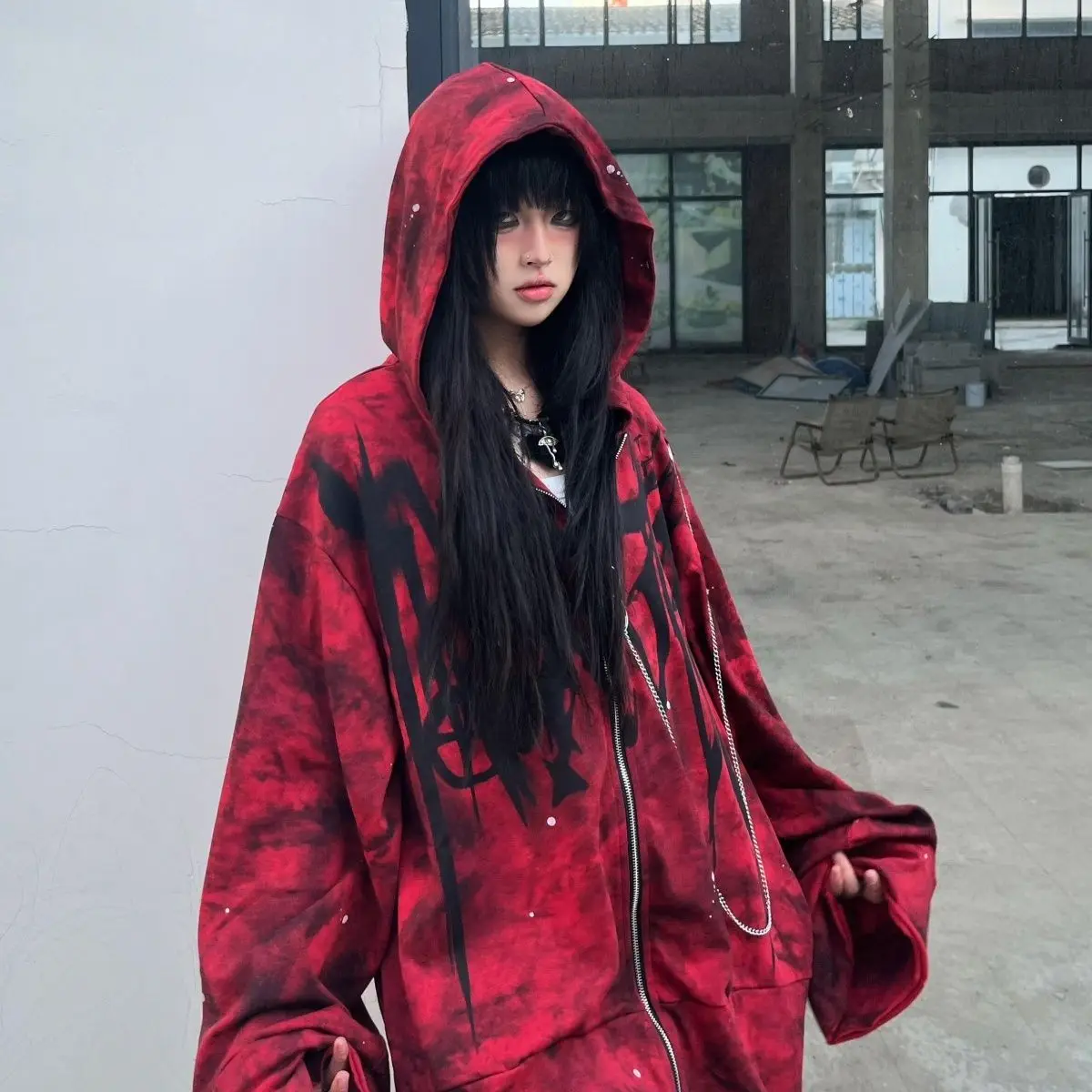 Plush Subculture Punk Rock Dark Hoodies Women Coat Black Red Oversized Hoodie Heavy Metal Gothic Zipper Sweatshirts Women Tops