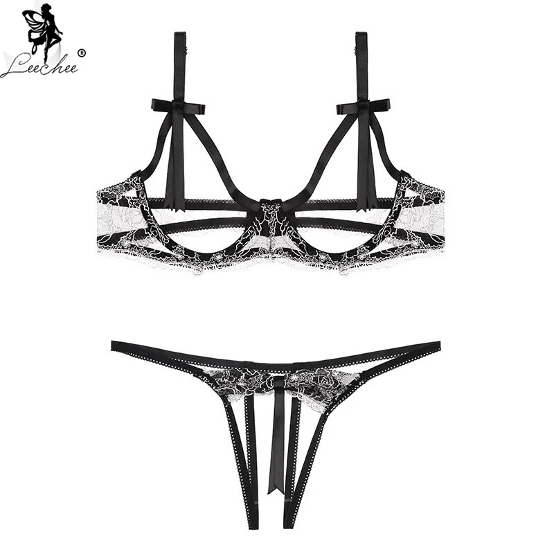 Leechee Lace Embroidered Erotic Lingerie Hollow Perspective Wire Bra Panties Sexy Bow Three-Point Underwear Set For Women