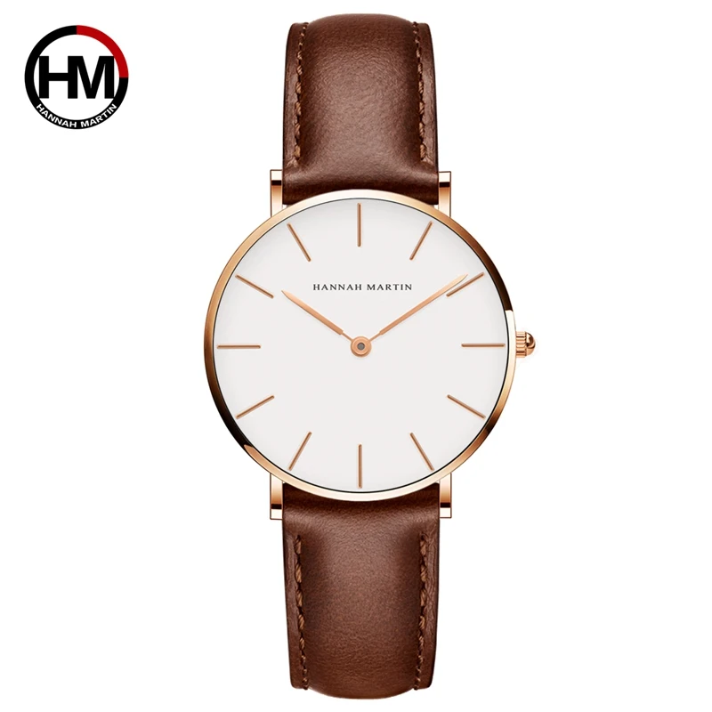 Hannah Martin Ladies Quartz Movement Brown Leather 36mm White Dial Women Top Brand Luxury Waterproof Watch Relogio Feminino Es