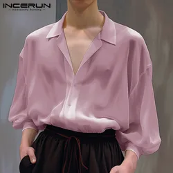 INCERUN Tops 2024 Korean Style Handsome Men's Sexy Slightly Transparent Shirts Casual Streetwear Male Long Sleeved Blouse S-5XL