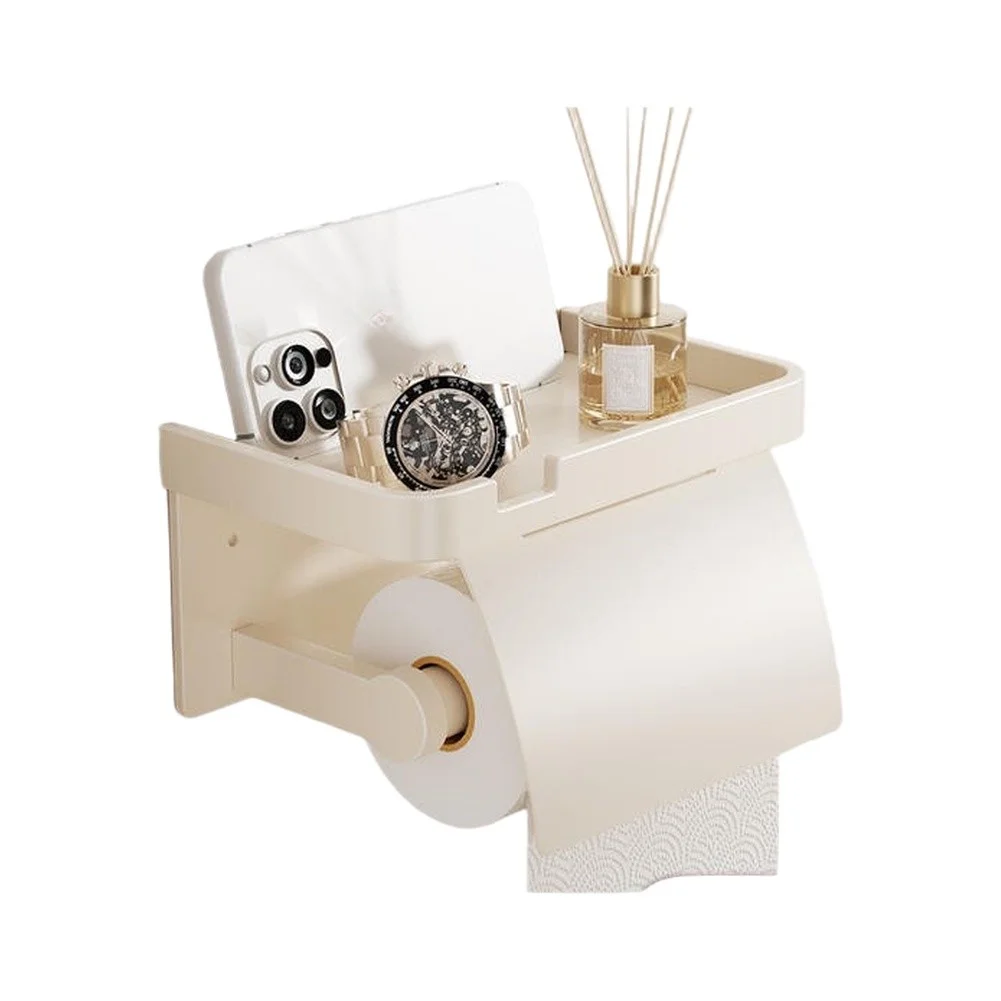 Aluminum Toilet Paper Holder with Recessed Shelf and Hinged Lid - Stick-on Installation for Tiles or Painted Walls 18.5x9x9cm