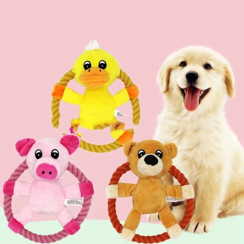 Cotton Rope Pets Dog Throw Toys Cartoon Duck Pig Shaped Small Medium Dogs Squeaker Chew Training Toy