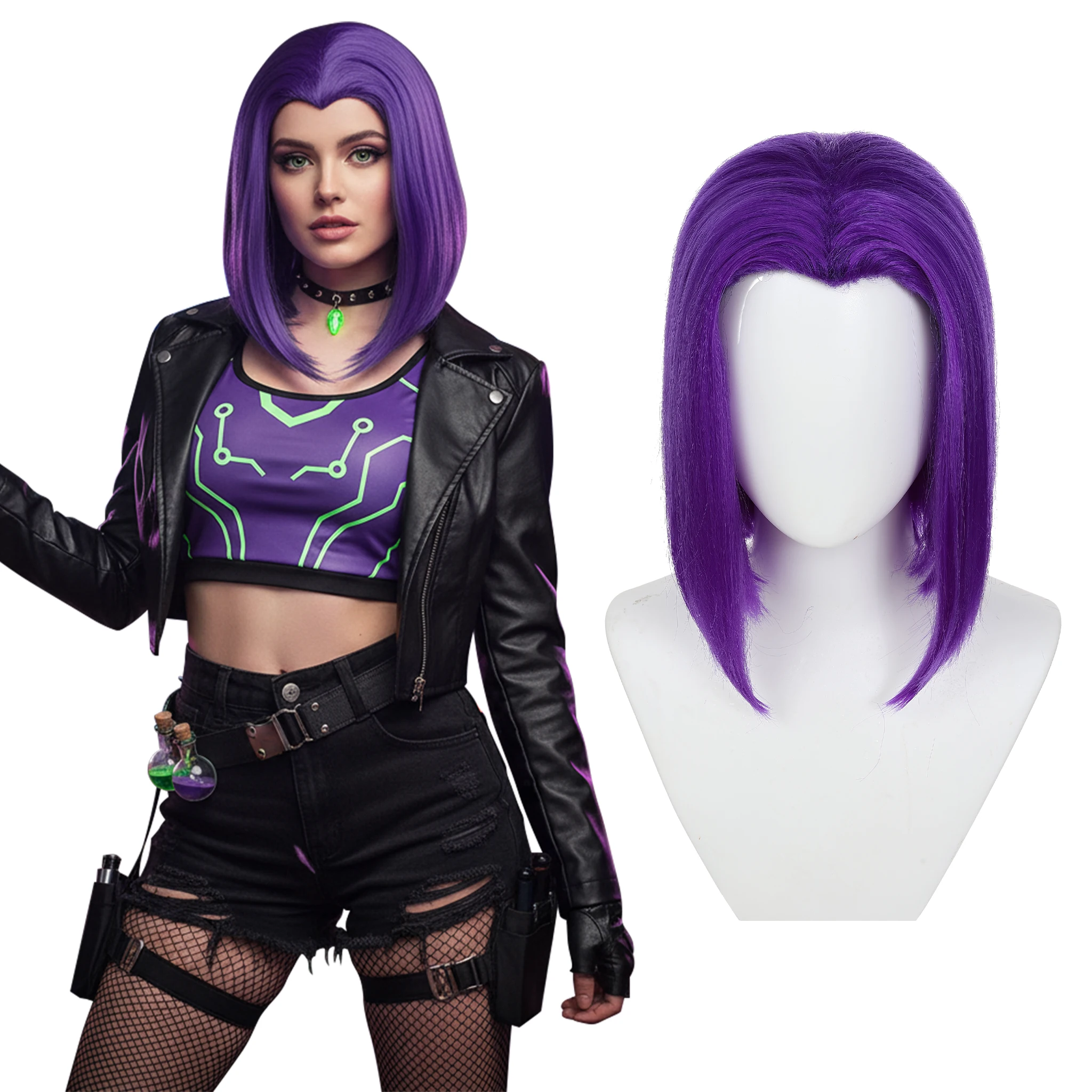Purple Short Bob Cosplay Wig V‑Shape Middle Part Straight Synthetic Wig For Women Halloween Party Anime Costume Cos Wi