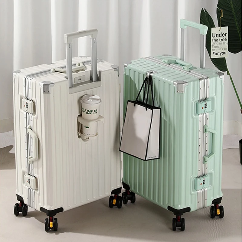 2024 Multifunctionele Waterbekerhouder Trolley Koffer, Usb Opladen, Aluminium Frame Modellen Koffer, Universele Wiel Reistas