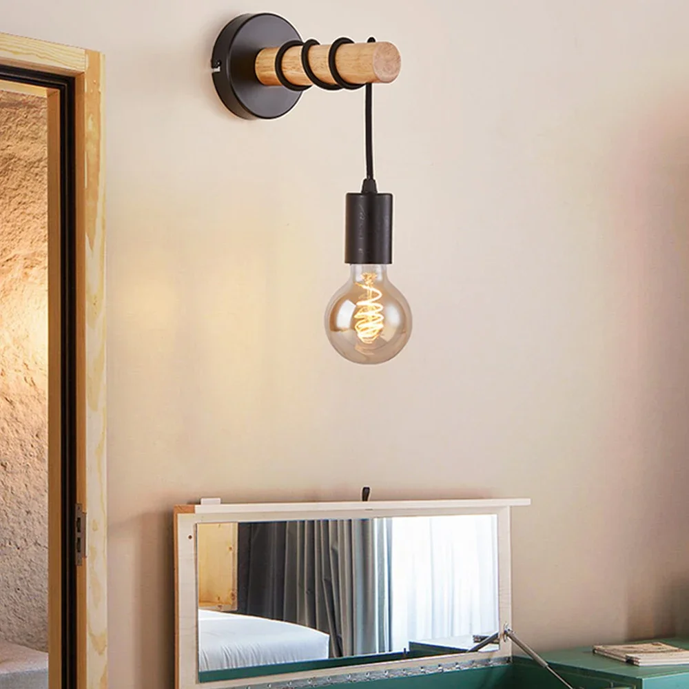 

Retro Wood Wall Lamp Vintage Sconce Wall Lights Fixture E27 Indoor Home Decor Dining Room Bedside Lamp Bedroom Lighting