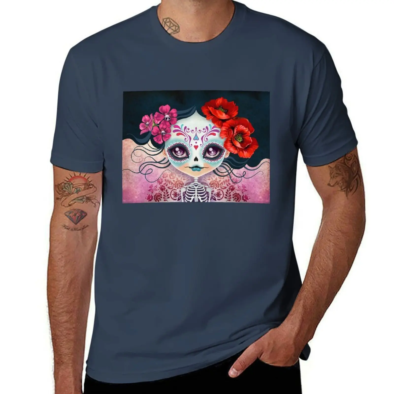 

Sugar Skull Amelia Calavera - T-Shirt Basic Short Sleeve Cotton Blend T-Shirt